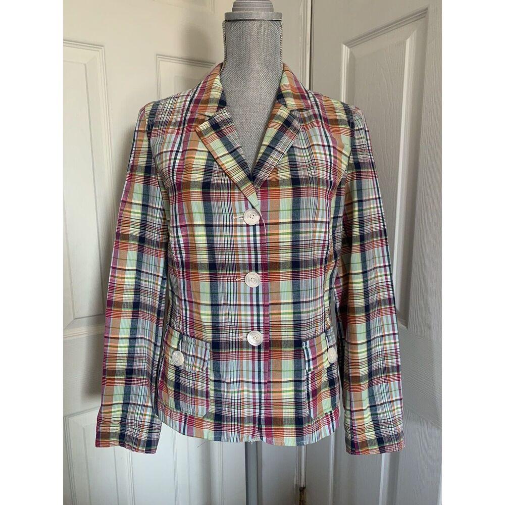 Talbots Womens Blazer Jacket Plaid Button Down Size 8 Cotton Flax Multicolor